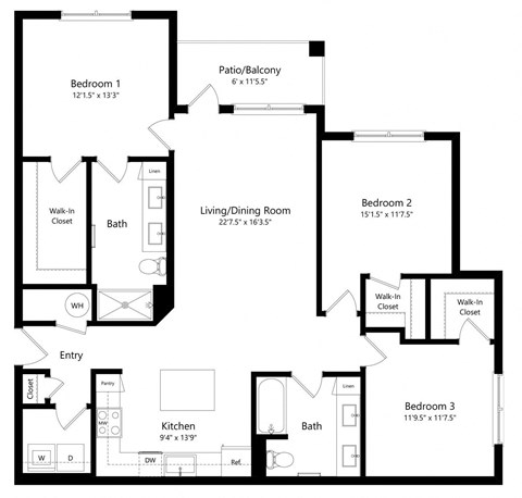 Three Bedroom Floor Plan with 1,353 Sq. Ft. at Lenox at Bloomingdale Luxury Apartments in Riverview FL